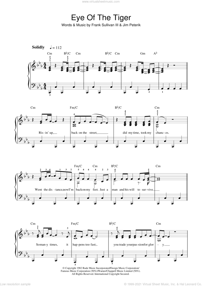 Eye Of The Tiger sheet music for piano solo (beginners) by Survivor, Frank Sullivan and Jim Peterik, beginner piano (beginners)
