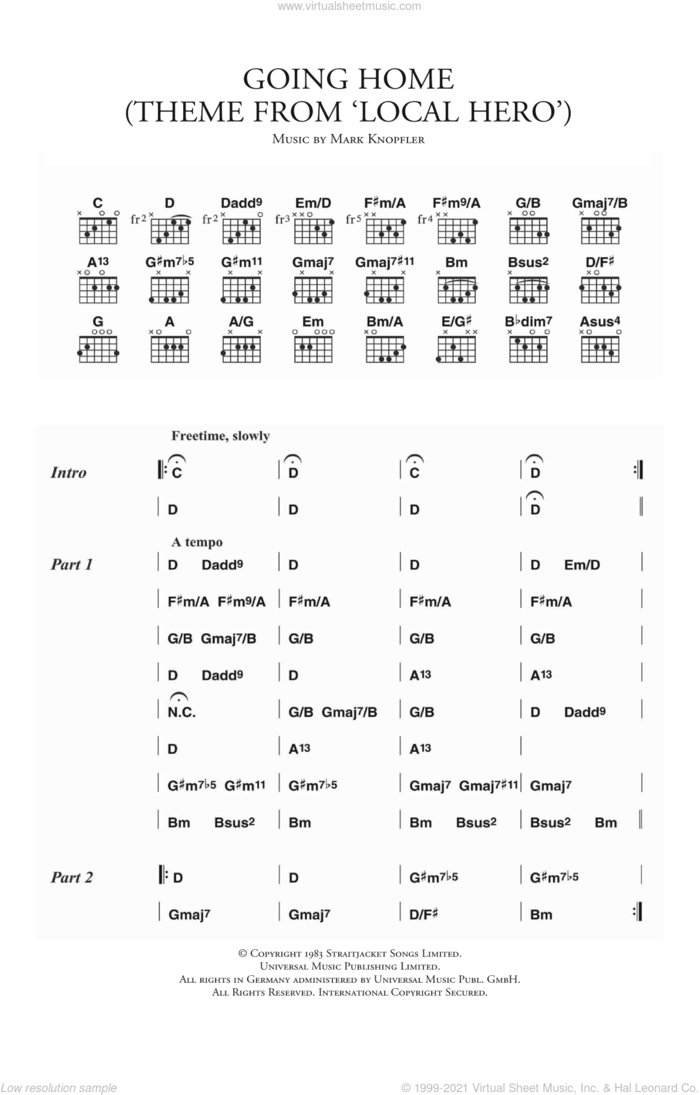 Going Home (Theme from 'Local Hero') sheet music for guitar (chords) by Mark Knopfler, intermediate skill level