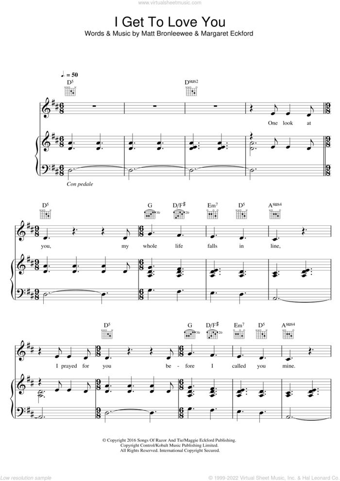 I Get To Love You sheet music for voice, piano or guitar by Ruelle, Margaret Eckford and Matt Bronleewee, wedding score, intermediate skill level