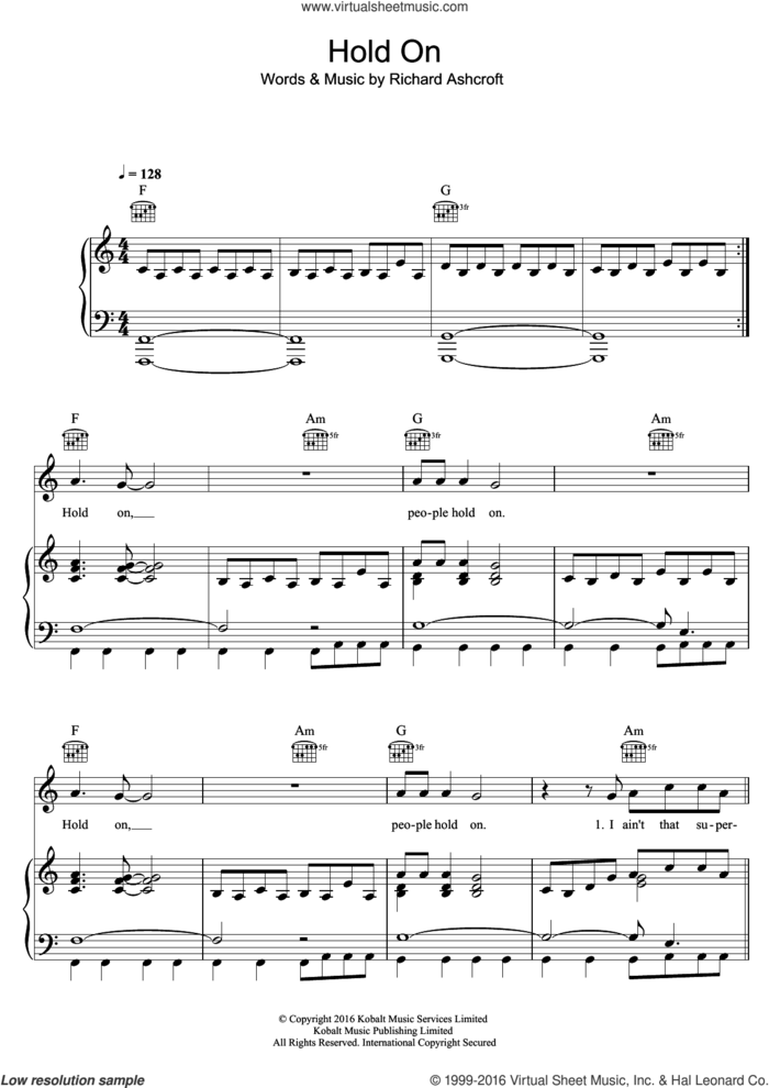 Hold On sheet music for voice, piano or guitar by Richard Ashcroft, intermediate skill level