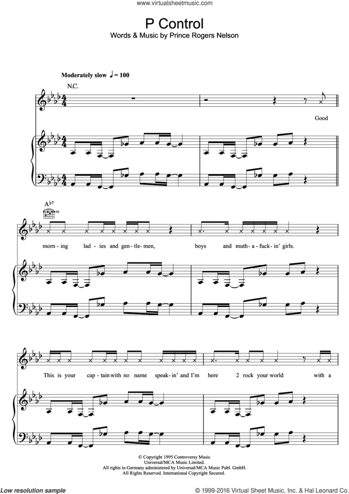 P Control sheet music for voice, piano or guitar by Prince and Prince Rogers Nelson, intermediate skill level