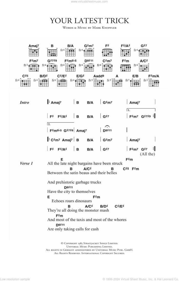 Your Latest Trick sheet music for guitar (chords) by Dire Straits and Mark Knopfler, intermediate skill level