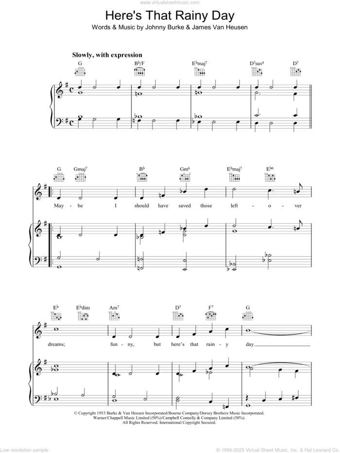 Here's That Rainy Day sheet music for voice, piano or guitar by John Burke and Jimmy Van Heusen, intermediate skill level