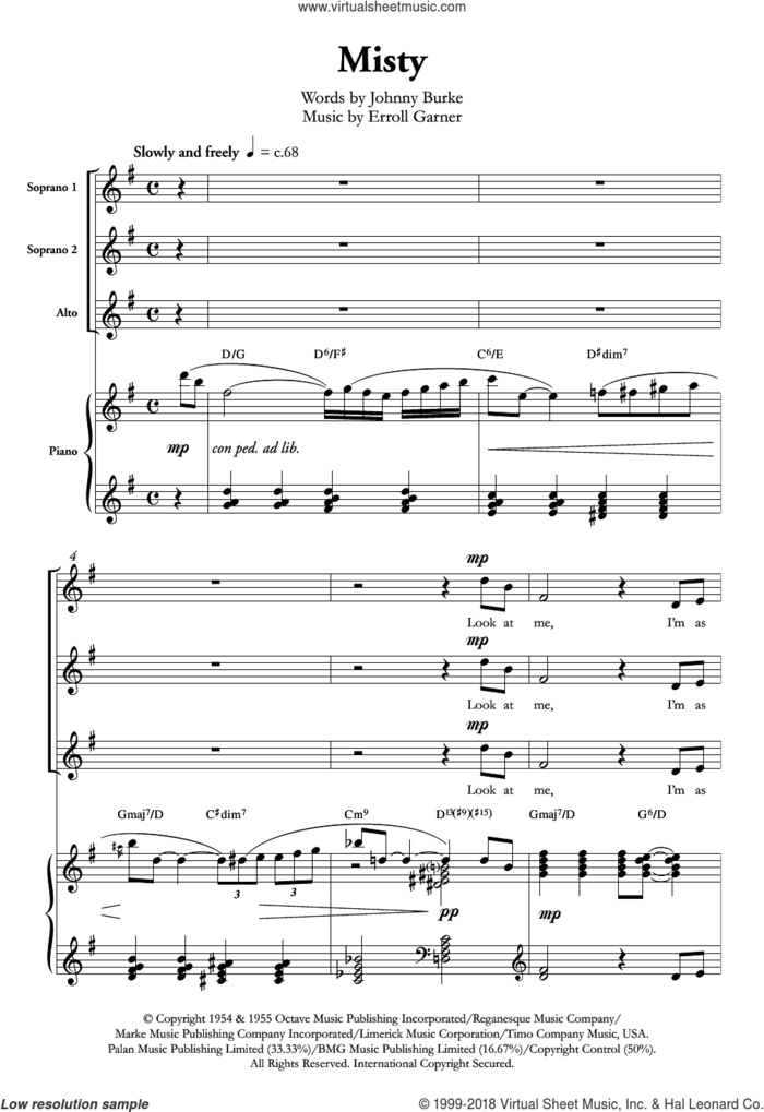 Misty (arr. Berty Rice) sheet music for choir (SSA: soprano, alto) by Ella Fitzgerald, Berty Rice, Erroll Garner and John Burke, intermediate skill level