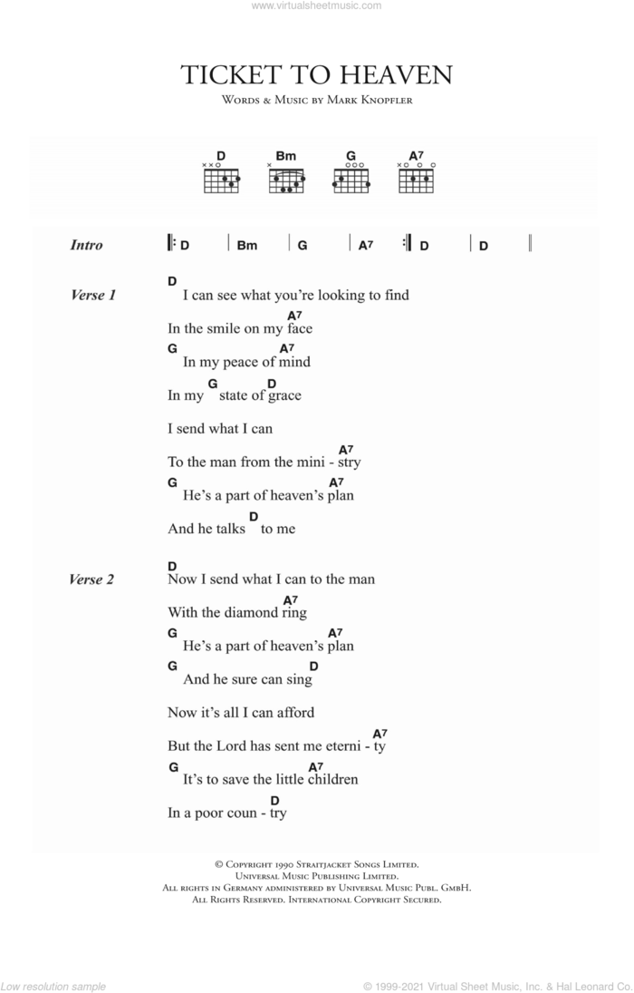 Ticket To Heaven sheet music for guitar (chords) by Dire Straits and Mark Knopfler, intermediate skill level