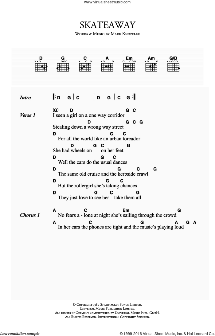 Skateaway sheet music for guitar (chords) by Dire Straits and Mark Knopfler, intermediate skill level