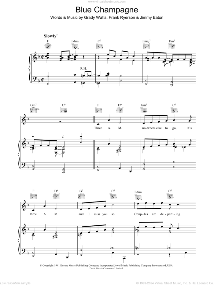 Blue Champagne sheet music for voice, piano or guitar by Grady Watts and Frank Ryerson, intermediate skill level