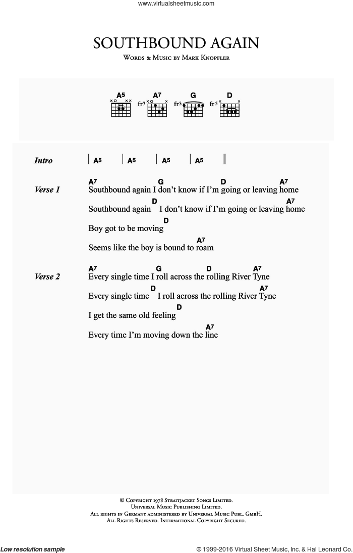 Southbound Again sheet music for guitar (chords) by Dire Straits and Mark Knopfler, intermediate skill level