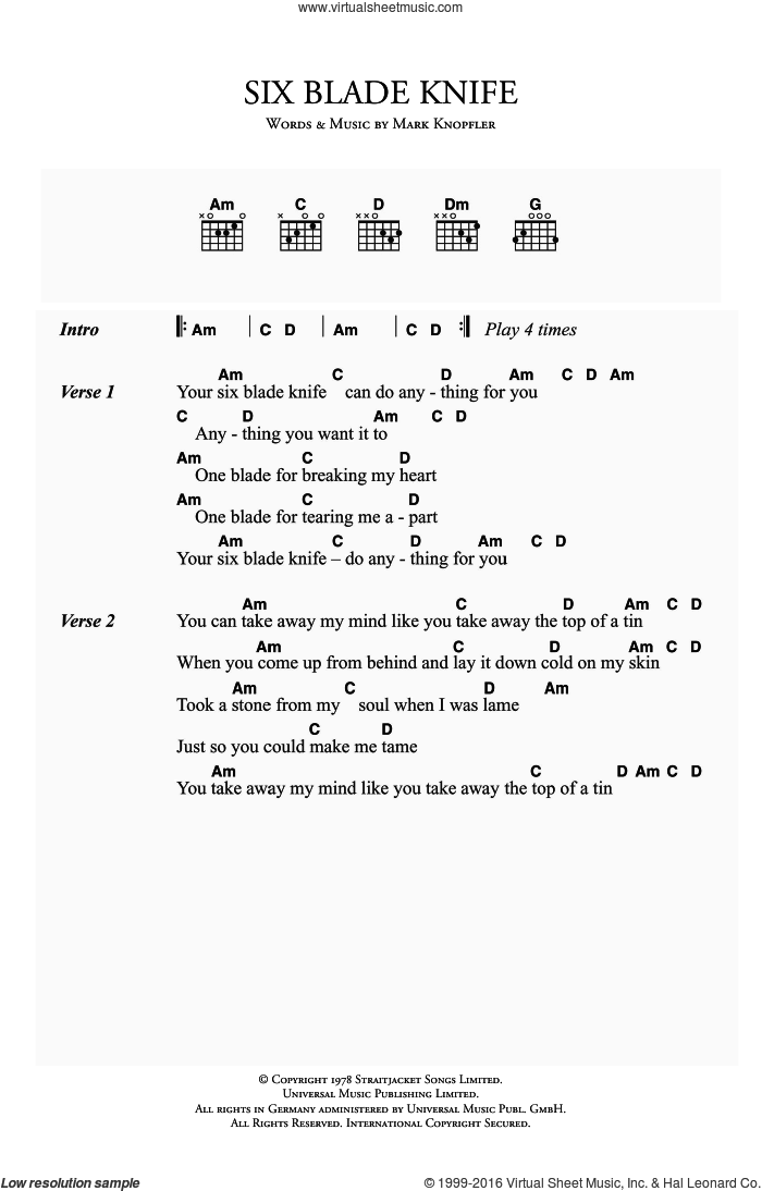 Six Blade Knife sheet music for guitar (chords) by Dire Straits and Mark Knopfler, intermediate skill level