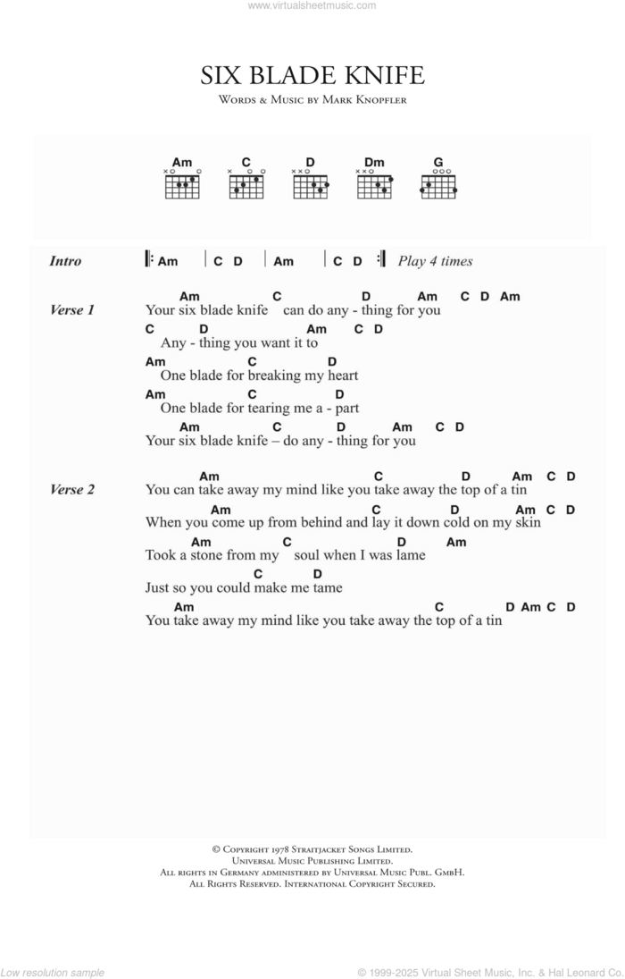 Six Blade Knife sheet music for guitar (chords) by Dire Straits and Mark Knopfler, intermediate skill level