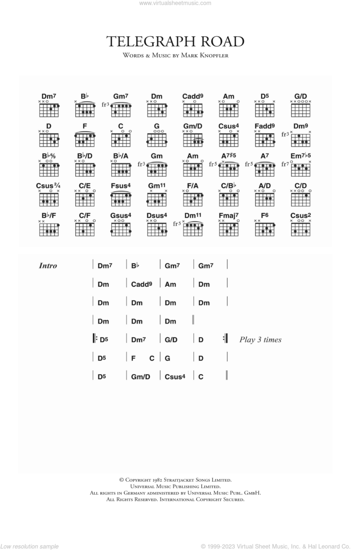 Telegraph Road sheet music for guitar (chords) by Dire Straits and Mark Knopfler, intermediate skill level