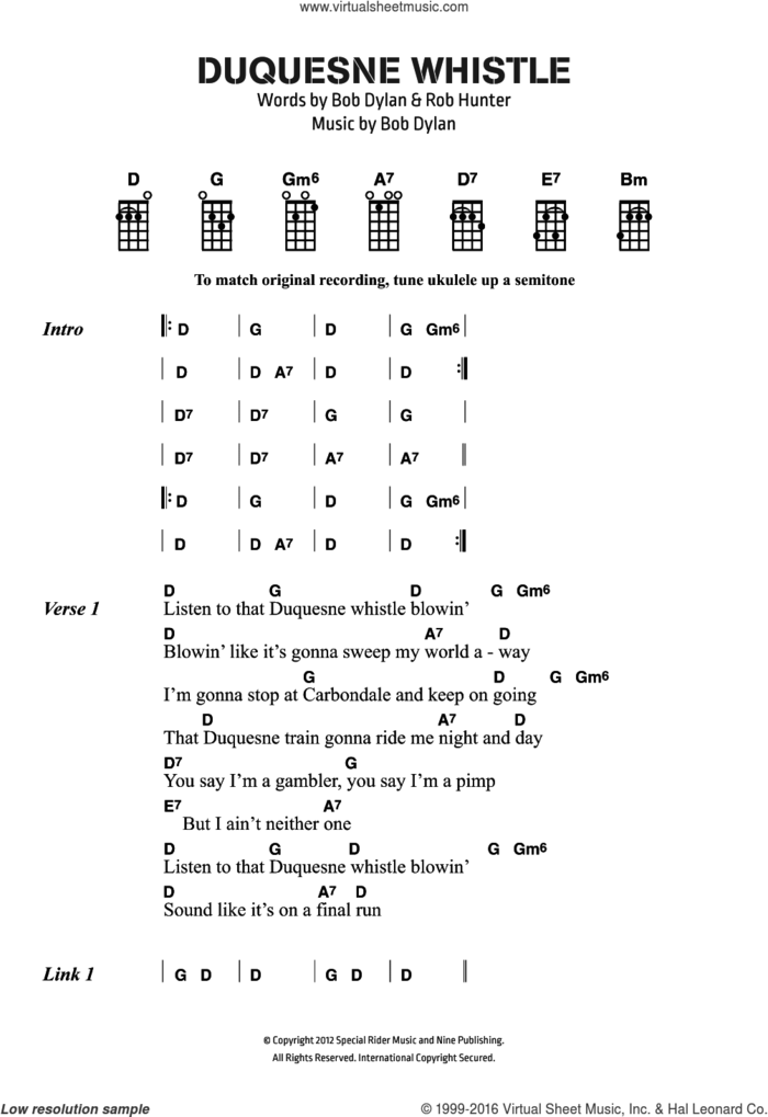 Duquesne Whistle sheet music for voice, piano or guitar by Bob Dylan and Robert Hunter, intermediate skill level