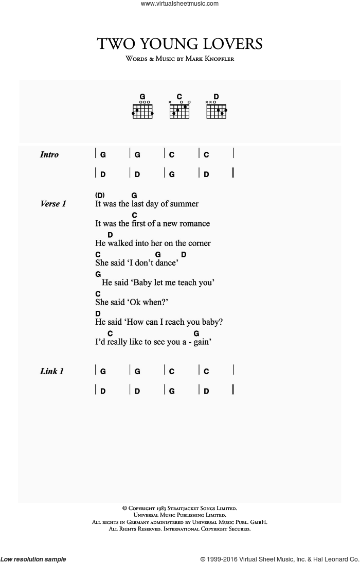 Two Young Lovers sheet music for guitar (chords) by Dire Straits and Mark Knopfler, intermediate skill level