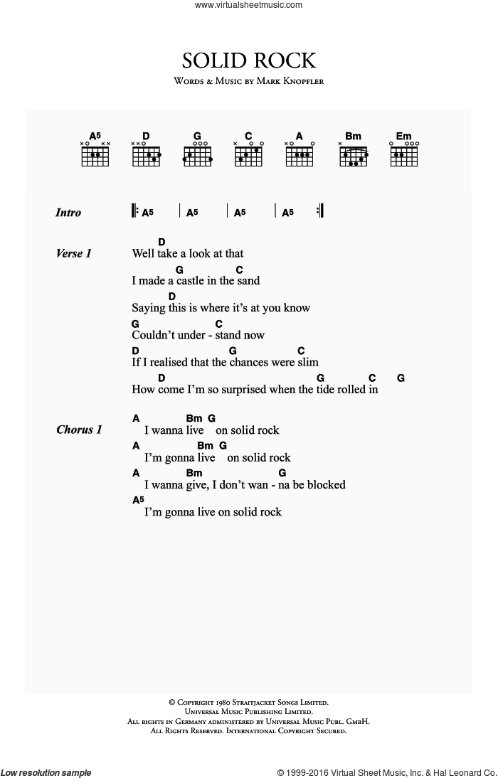 Solid Rock sheet music for guitar (chords) by Dire Straits and Mark Knopfler, intermediate skill level