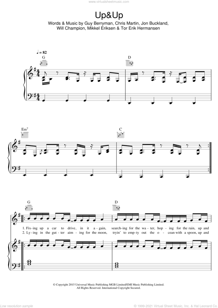 Up and Up sheet music for voice, piano or guitar by Coldplay, Chris Martin, Guy Berryman, Jon Buckland, Mikkel Eriksen, Tor Erik Hermansen and Will Champion, intermediate skill level