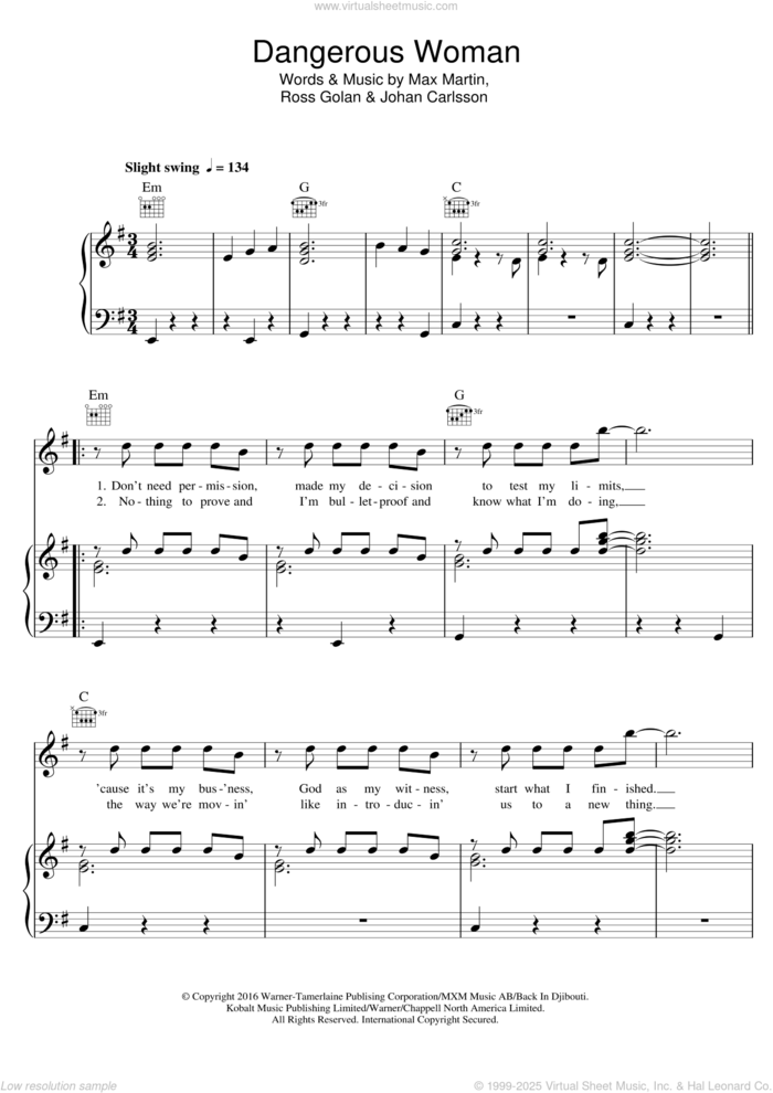 Dangerous Woman sheet music for voice, piano or guitar by Ariana Grande, Johan Carlsson, Max Martin and Ross Golan, intermediate skill level