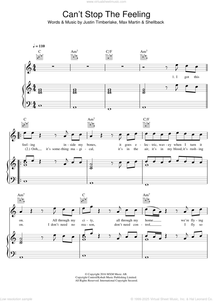 Can't Stop The Feeling sheet music for voice, piano or guitar by Justin Timberlake, Max Martin and Shellback, intermediate skill level