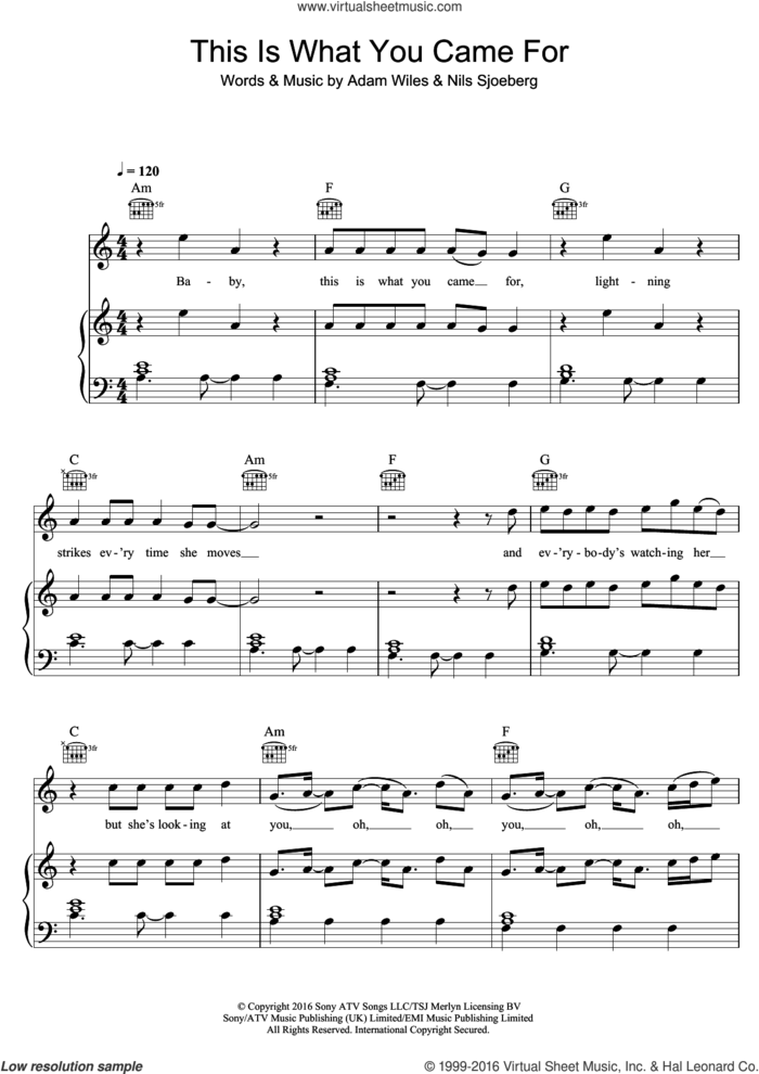 This Is What You Came For (featuring Rihanna) sheet music for voice, piano or guitar by Calvin Harris, Calvin Harris feat. Rihanna, Rihanna, Adam Wiles and Nils Sjoeberg, intermediate skill level