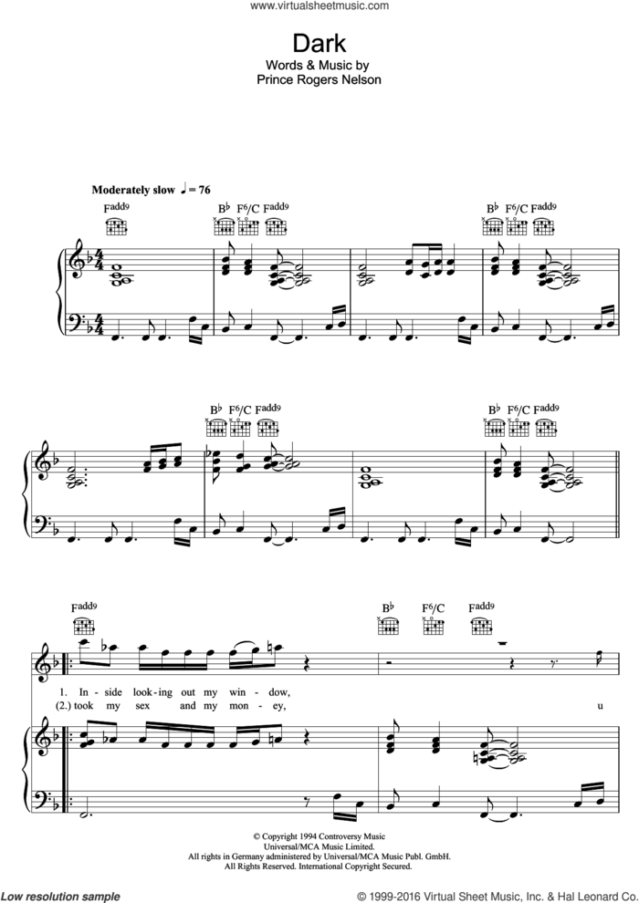 Dark sheet music for voice, piano or guitar by Prince and Prince Rogers Nelson, intermediate skill level