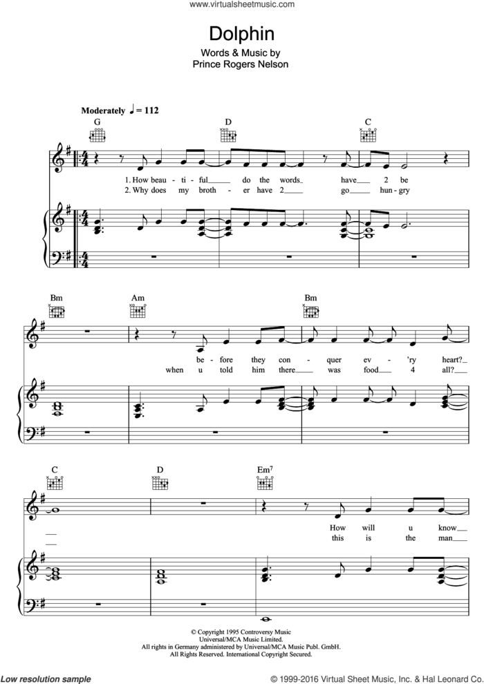 Dolphin sheet music for voice, piano or guitar by Prince and Prince Rogers Nelson, intermediate skill level