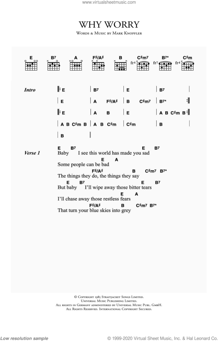 Why Worry sheet music for guitar (chords) by Dire Straits and Mark Knopfler, intermediate skill level