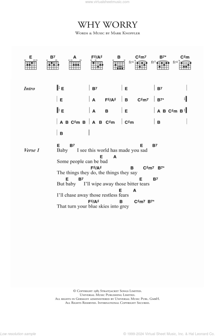 Why Worry sheet music for guitar (chords) by Dire Straits and Mark Knopfler, intermediate skill level