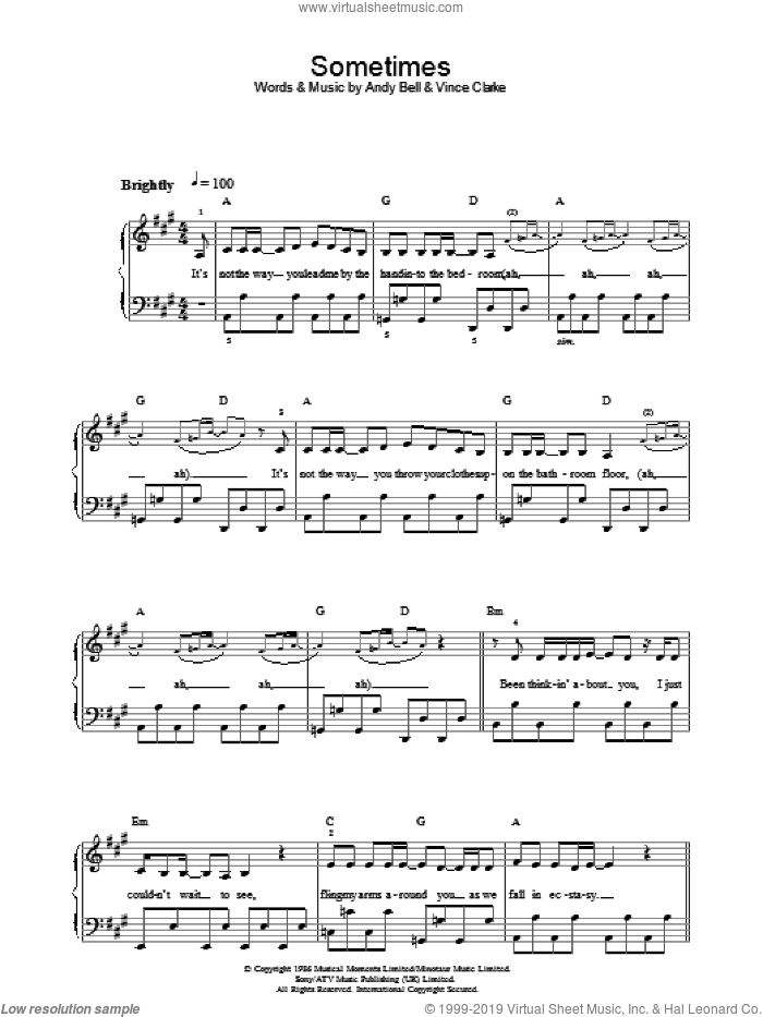 Sometimes sheet music for piano solo by Erasure, Andy Bell and Vince Clarke, easy skill level