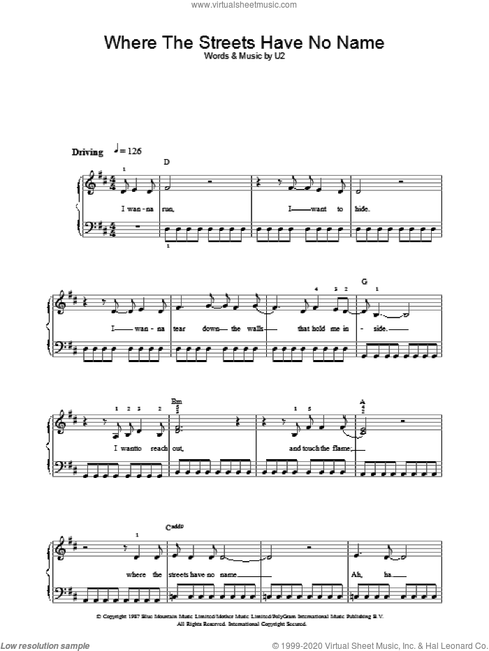 Where The Streets Have No Name sheet music for voice, piano or guitar by U2, intermediate skill level