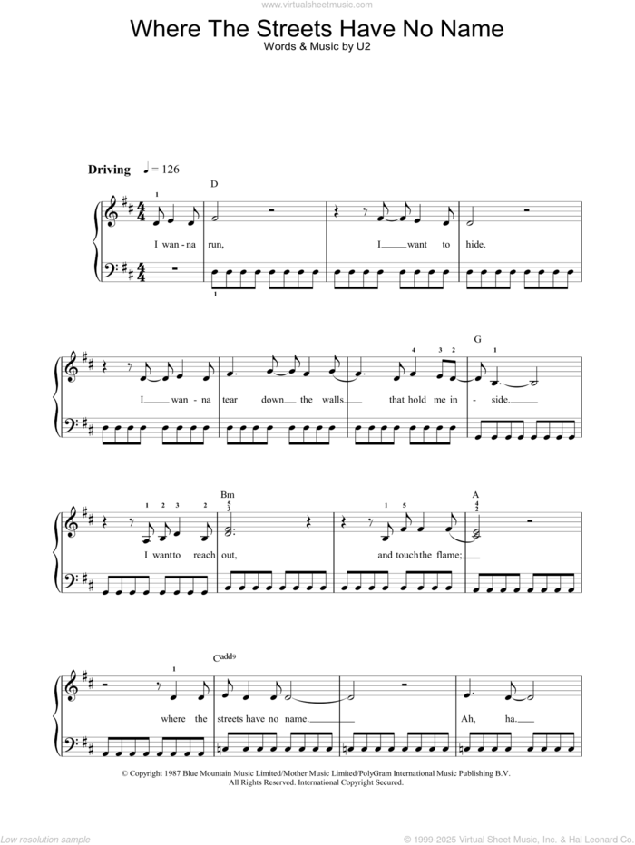 Where The Streets Have No Name sheet music for voice, piano or guitar by U2, intermediate skill level