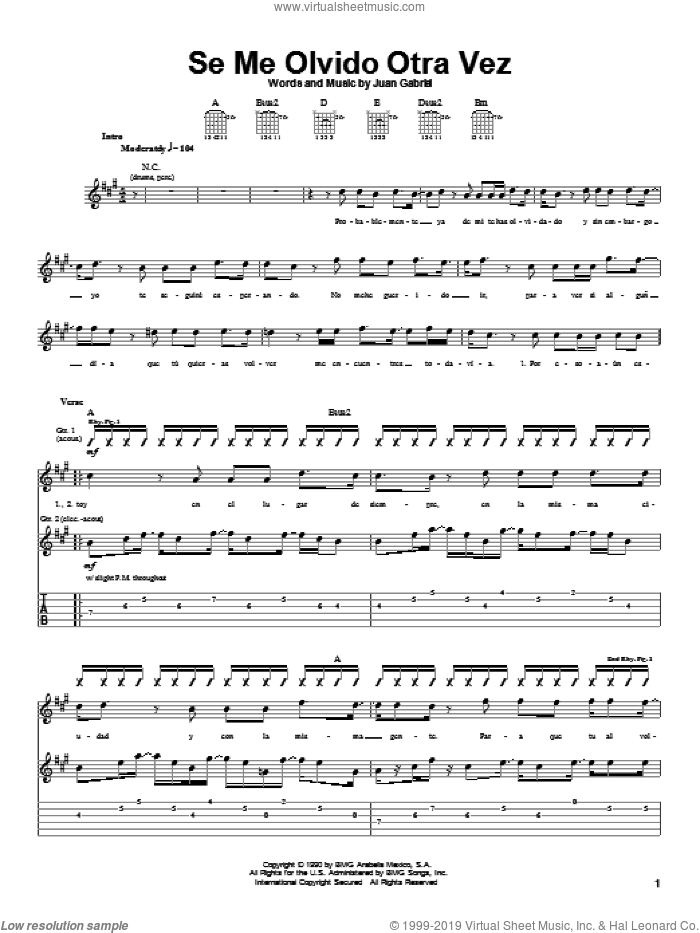 Se Me Olvido Otra Vez sheet music for guitar (tablature) by Juan Gabriel, intermediate skill level