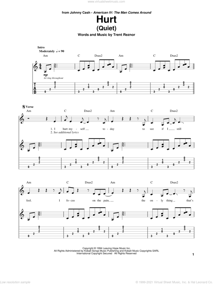 Hurt (Quiet) sheet music for guitar (tablature, play-along) by Johnny Cash, Nine Inch Nails and Trent Reznor, intermediate skill level