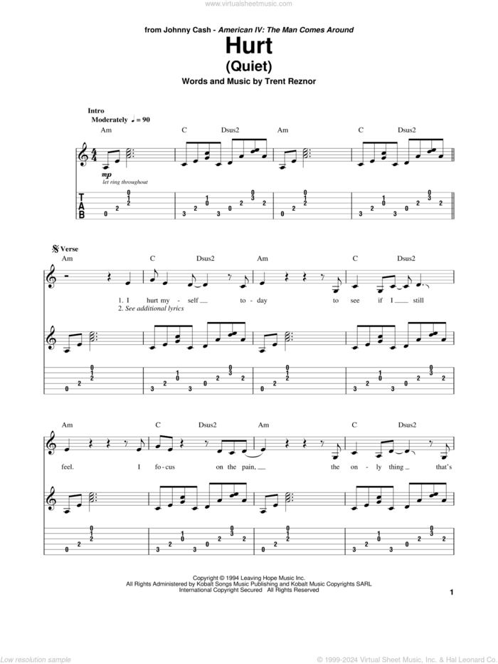 Hurt (Quiet) sheet music for guitar (tablature, play-along) by Johnny Cash, Nine Inch Nails and Trent Reznor, intermediate skill level