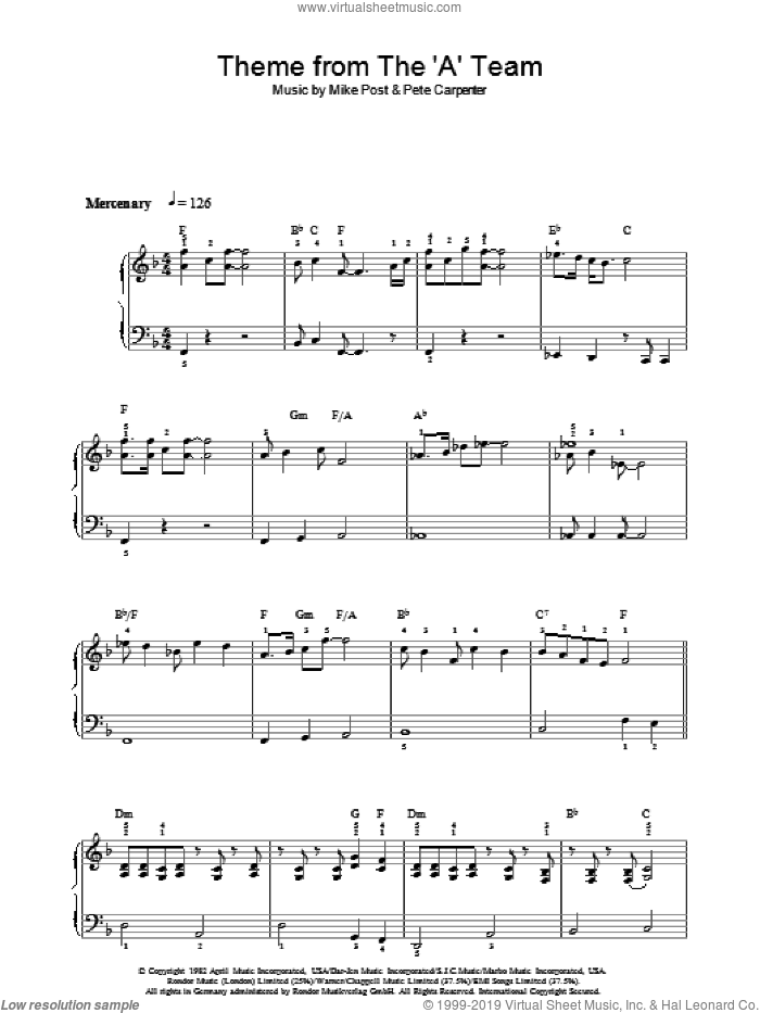 Theme from The A-Team sheet music for voice, piano or guitar by Mike Post and Pete Carpenter, intermediate skill level