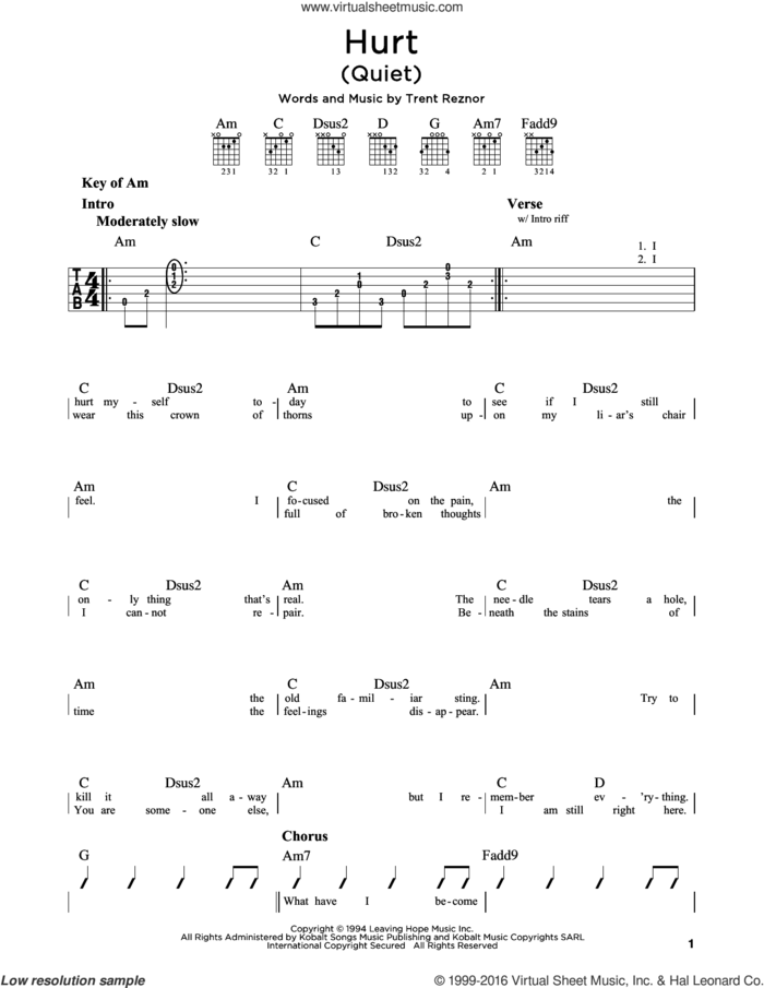 Hurt (Quiet) sheet music for guitar solo (lead sheet) by Johnny Cash, Nine Inch Nails and Trent Reznor, intermediate guitar (lead sheet)