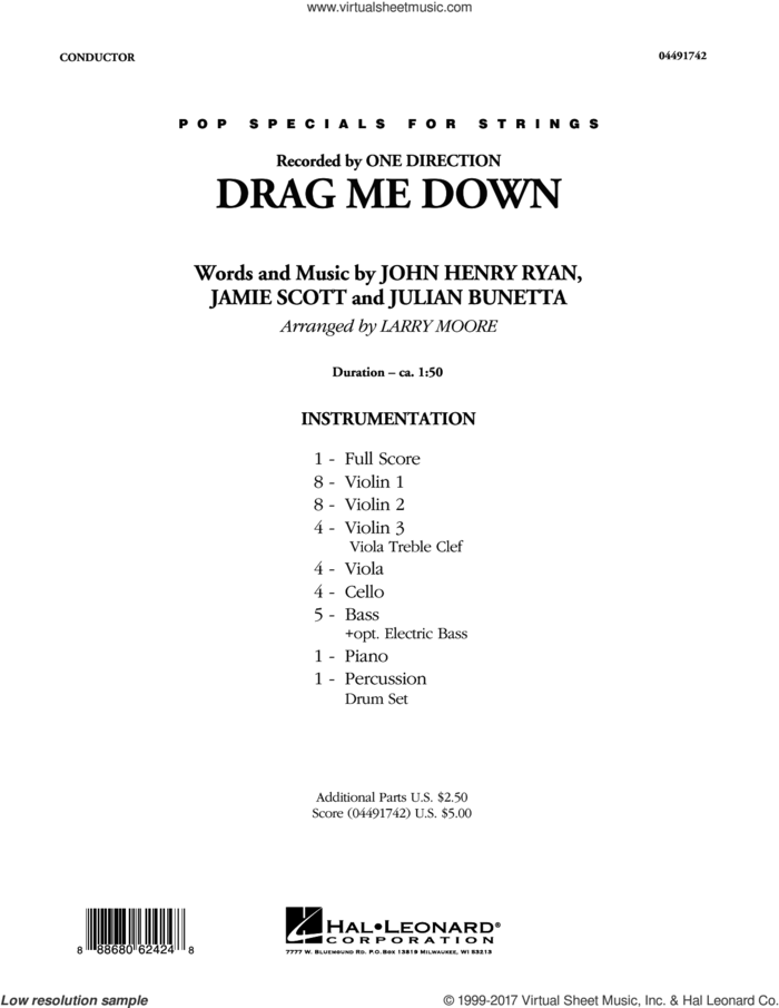 Drag Me Down (COMPLETE) sheet music for orchestra by One Direction, Jamie Scott, John Henry Ryan, Julian Bunetta and Larry Moore, intermediate skill level