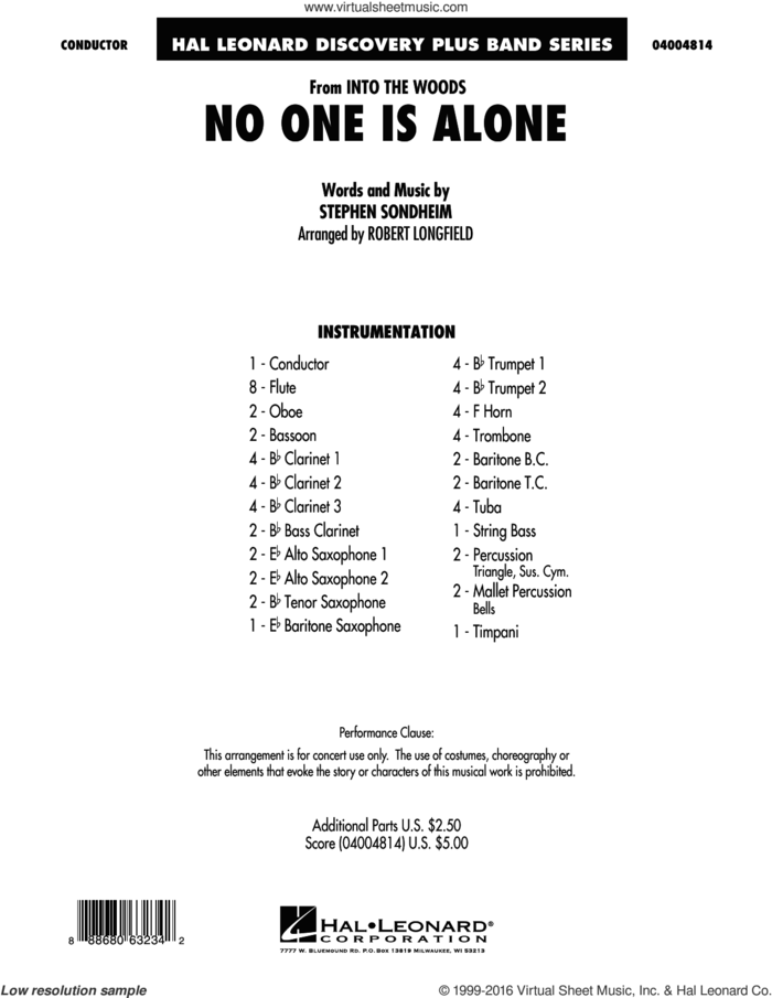 No One Is Alone sheet music for concert band (full score) by Stephen Sondheim and Robert Longfield, intermediate skill level