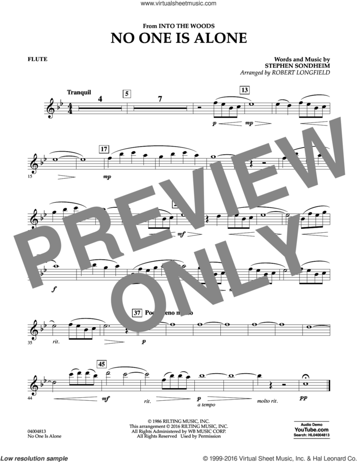 No One Is Alone sheet music for concert band (flute) by Stephen Sondheim and Robert Longfield, intermediate skill level