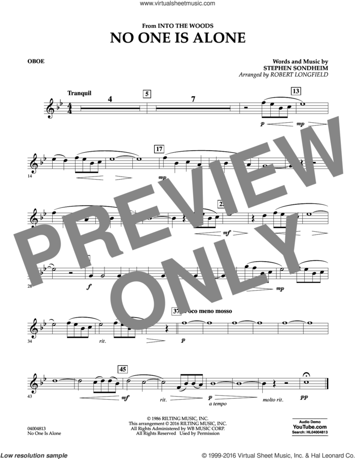 No One Is Alone sheet music for concert band (oboe) by Stephen Sondheim and Robert Longfield, intermediate skill level