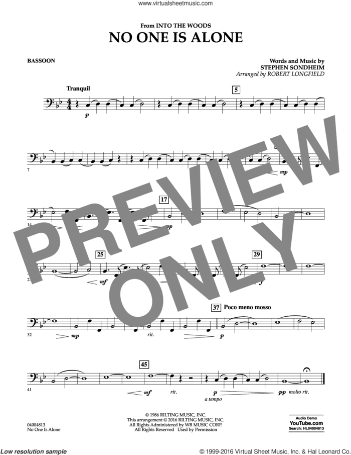 No One Is Alone sheet music for concert band (bassoon) by Stephen Sondheim and Robert Longfield, intermediate skill level