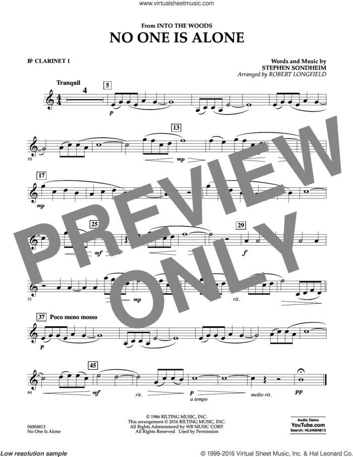 No One Is Alone sheet music for concert band (Bb clarinet 1) by Stephen Sondheim and Robert Longfield, intermediate skill level