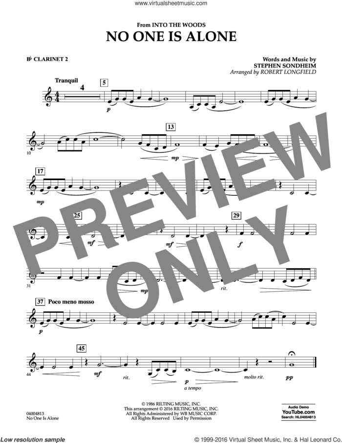 No One Is Alone sheet music for concert band (Bb clarinet 2) by Stephen Sondheim and Robert Longfield, intermediate skill level