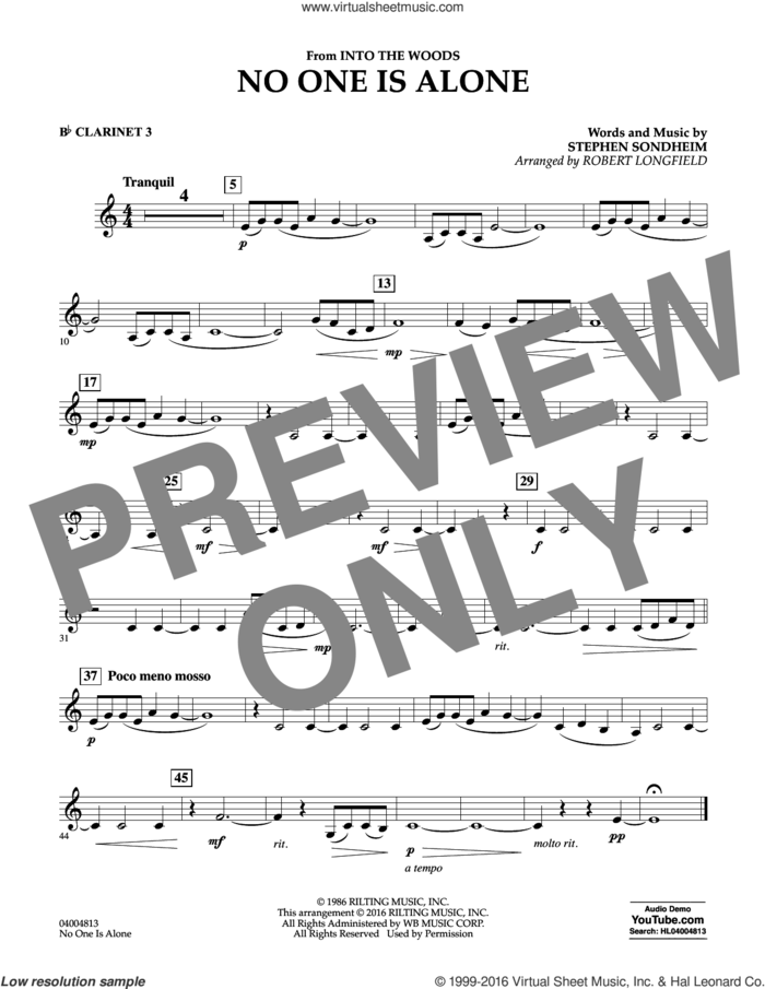 No One Is Alone sheet music for concert band (Bb clarinet 3) by Stephen Sondheim and Robert Longfield, intermediate skill level
