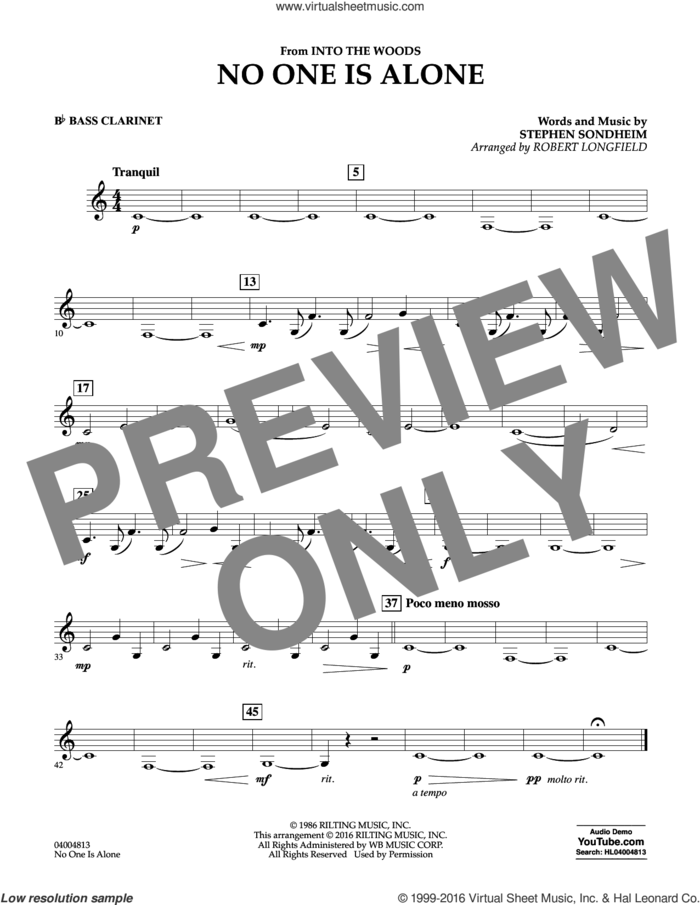 No One Is Alone sheet music for concert band (Bb bass clarinet) by Stephen Sondheim and Robert Longfield, intermediate skill level