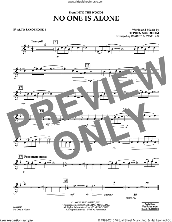 No One Is Alone sheet music for concert band (Eb alto saxophone 1) by Stephen Sondheim and Robert Longfield, intermediate skill level