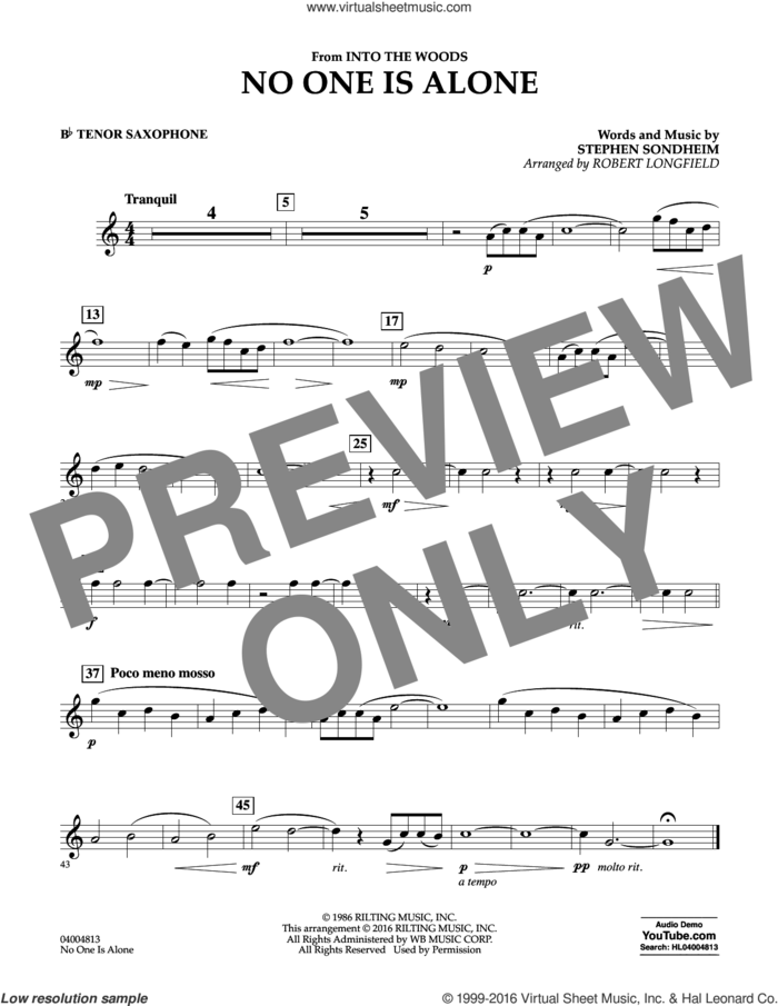 No One Is Alone sheet music for concert band (Bb tenor saxophone) by Stephen Sondheim and Robert Longfield, intermediate skill level