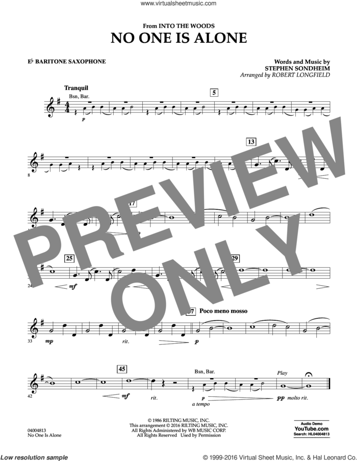 No One Is Alone sheet music for concert band (Eb baritone saxophone) by Stephen Sondheim and Robert Longfield, intermediate skill level