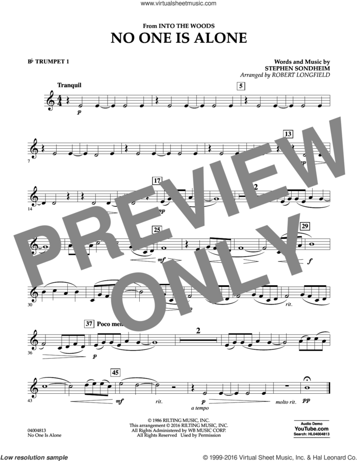 No One Is Alone sheet music for concert band (Bb trumpet 1) by Stephen Sondheim and Robert Longfield, intermediate skill level
