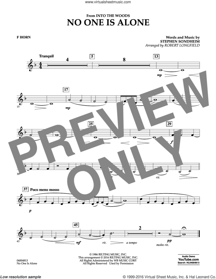 No One Is Alone sheet music for concert band (f horn) by Stephen Sondheim and Robert Longfield, intermediate skill level