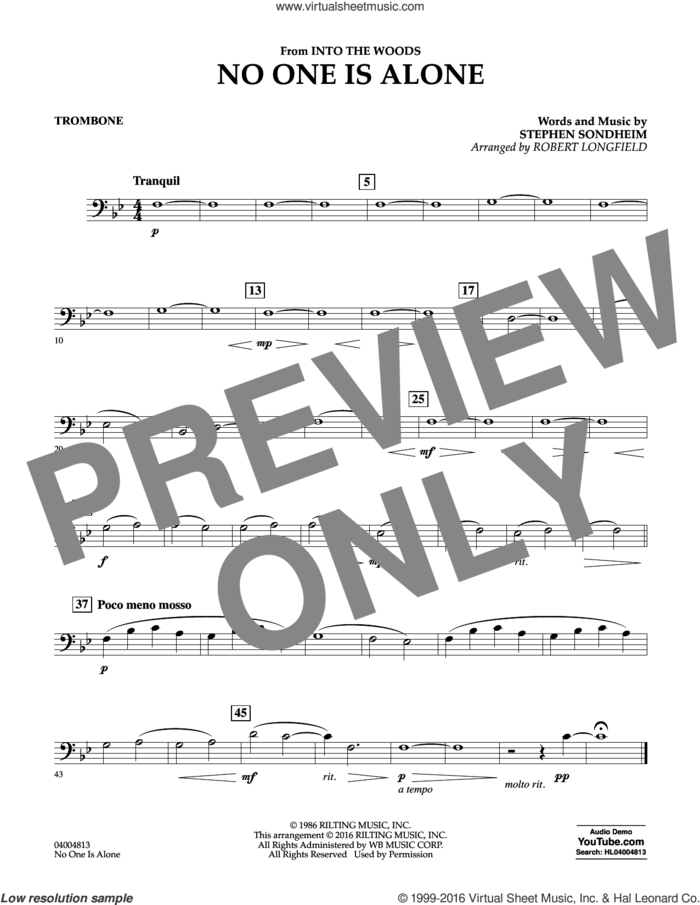 No One Is Alone sheet music for concert band (trombone) by Stephen Sondheim and Robert Longfield, intermediate skill level