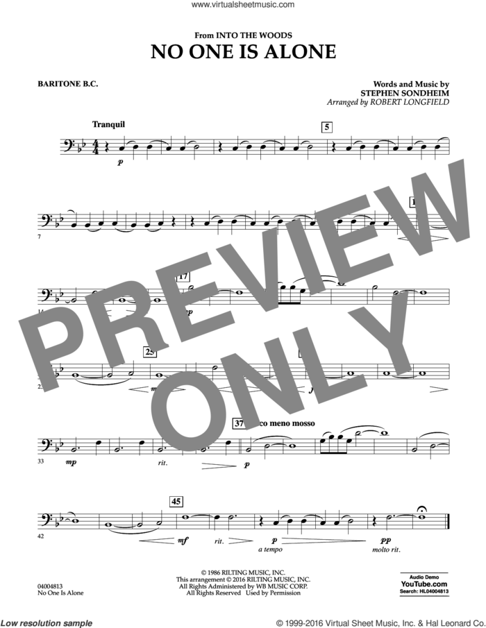 No One Is Alone sheet music for concert band (baritone b.c.) by Stephen Sondheim and Robert Longfield, intermediate skill level